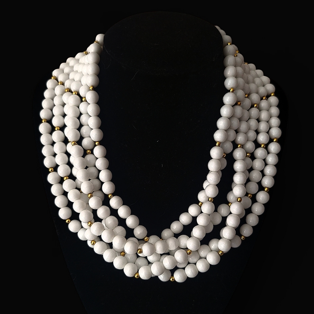 Kenneth Jay Lane Necklace Six Strand White Gold Beaded Collar Bridal Vintage MCM
